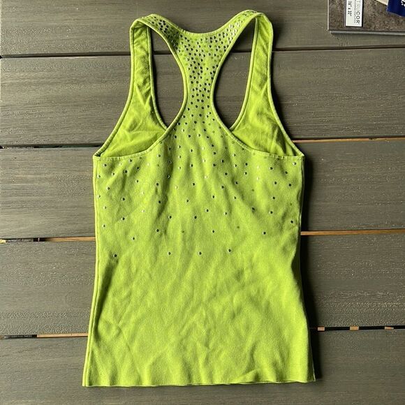 Y2K Halter Tank Top Sleeveless Fluorescent Green Built In Bra Rhinestone Tank - Picture 3 of 4